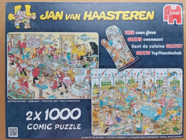 Image of the puzzles 2x1000, Jumbo, Seafood Supper & Clash of the Bakers, by Jan van Haasteren, Factory Sealed, Picture of the box