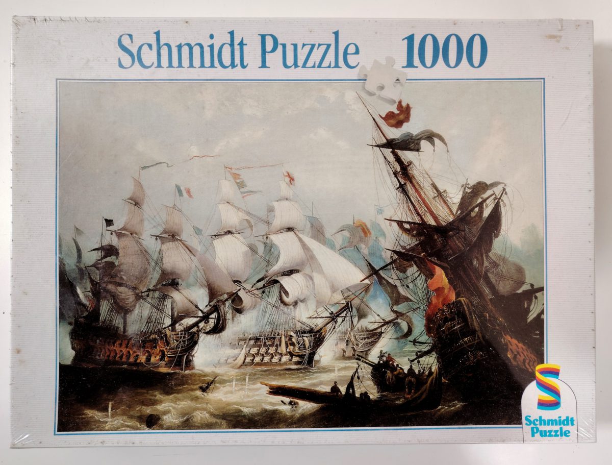 1000, Schmidt, The Battle of Trafalgar, by John Callow, Factory Sealed, Listed by RarePuzzlesEurope Image of the puzzle 1000, Schmidt, The Battle of Trafalgar, by John Callow, Factory Sealed, Picture of the box