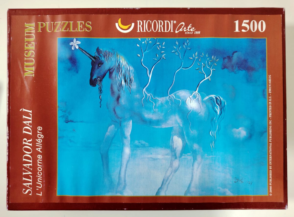 1500, Ricordi, The Happy Unicorn, by Salvador Dalí, Sealed Bag, Listed by RarePuzzlesEurope Image of the puzzle 1500, Ricordi, The Happy Unicorn, by Salvador Dalí, Sealed Bag, Picture of the box