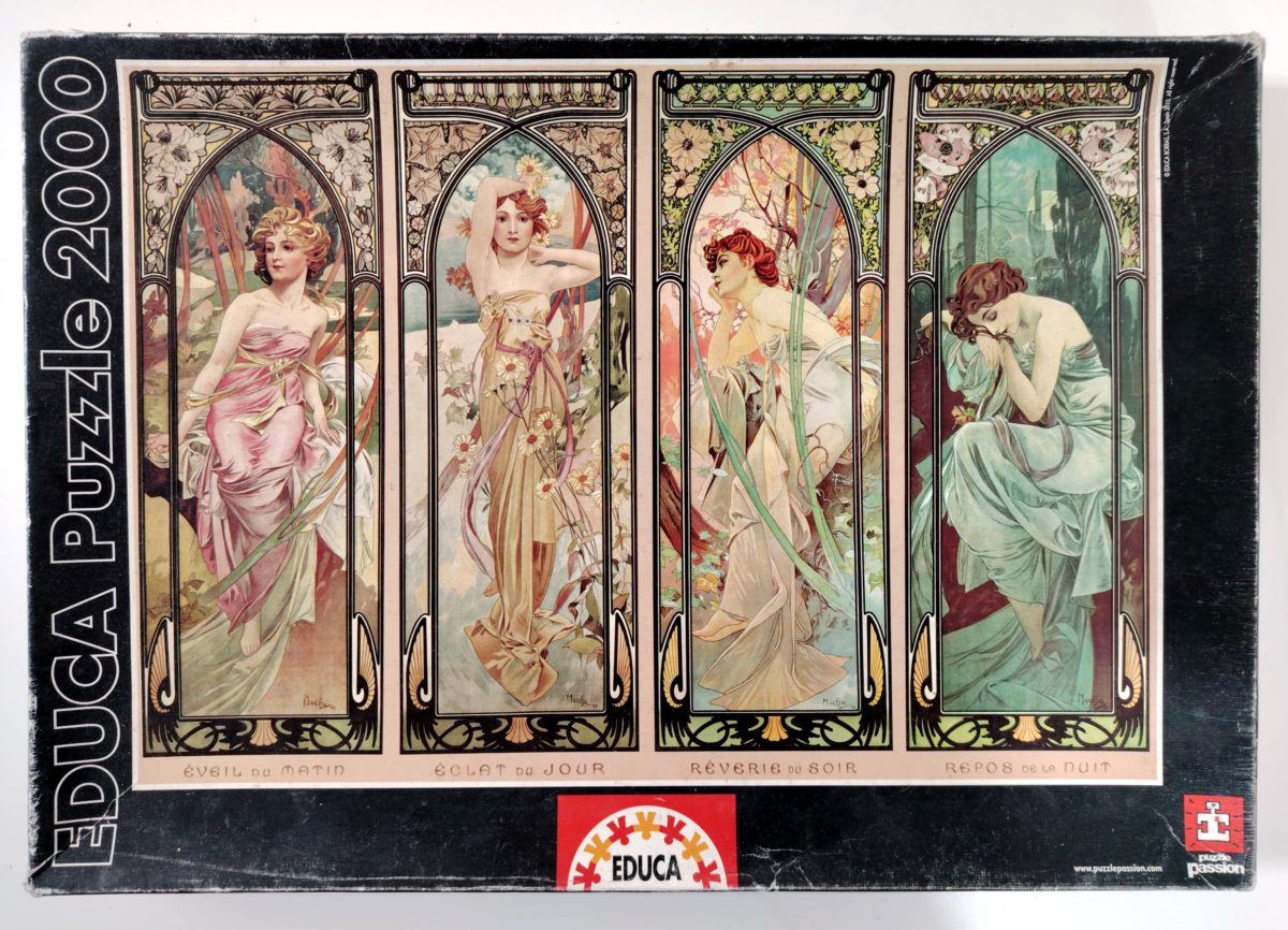 2000, Educa, The Times of the Day, Alphonse Mucha, Sealed Bag, Listed by RarePuzzlesEurope Image of the puzzle 2000, Educa, The Times of the Day, Alphonse Mucha, Sealed Bag, Picture of the box
