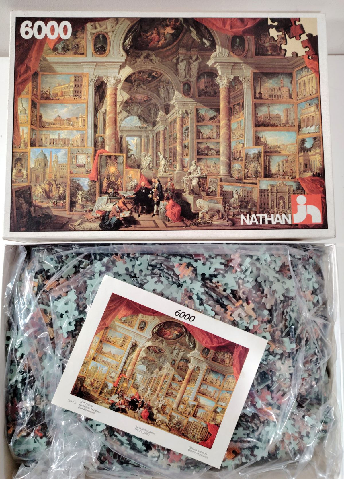 Image of the puzzle 6000, Nathan, Picture Gallery, by Giovanni Paolo Panini, Sealed Bag, Picture of the bag