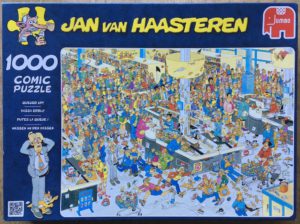 Image of the puzzle 1000, Jumbo, Queued Up!, by Jan van Haasteren, Complete, Picture of the box