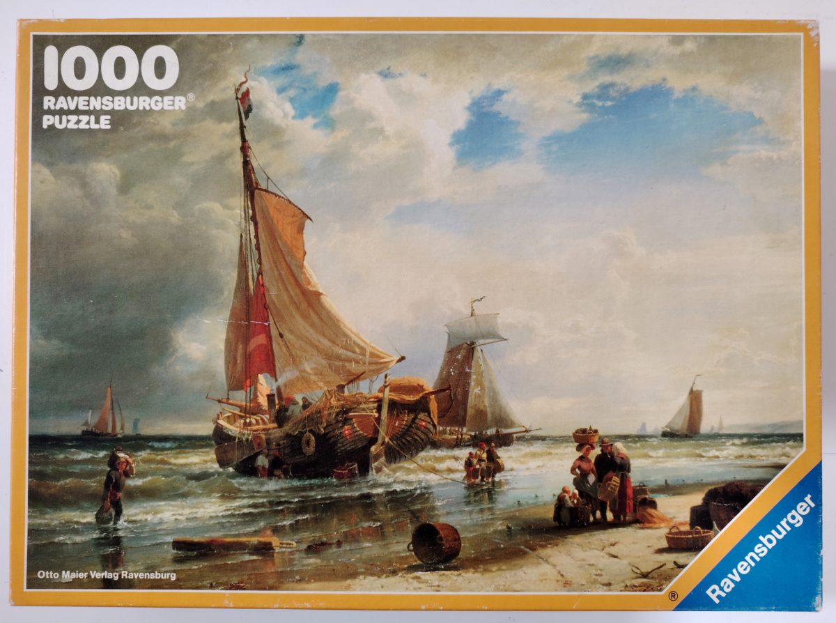 1000, Ravensburger, Fisherfolk on Scheveningen Beach, by Carl Frederik Sørensen, Sealed Bag, Listed by Rare Puzzles Europe Image of the puzzle 1000, Ravensburger, Fisherfolk on Scheveningen Beach, by Carl Frederik Sørensen, Sealed Bag, Picture of the box