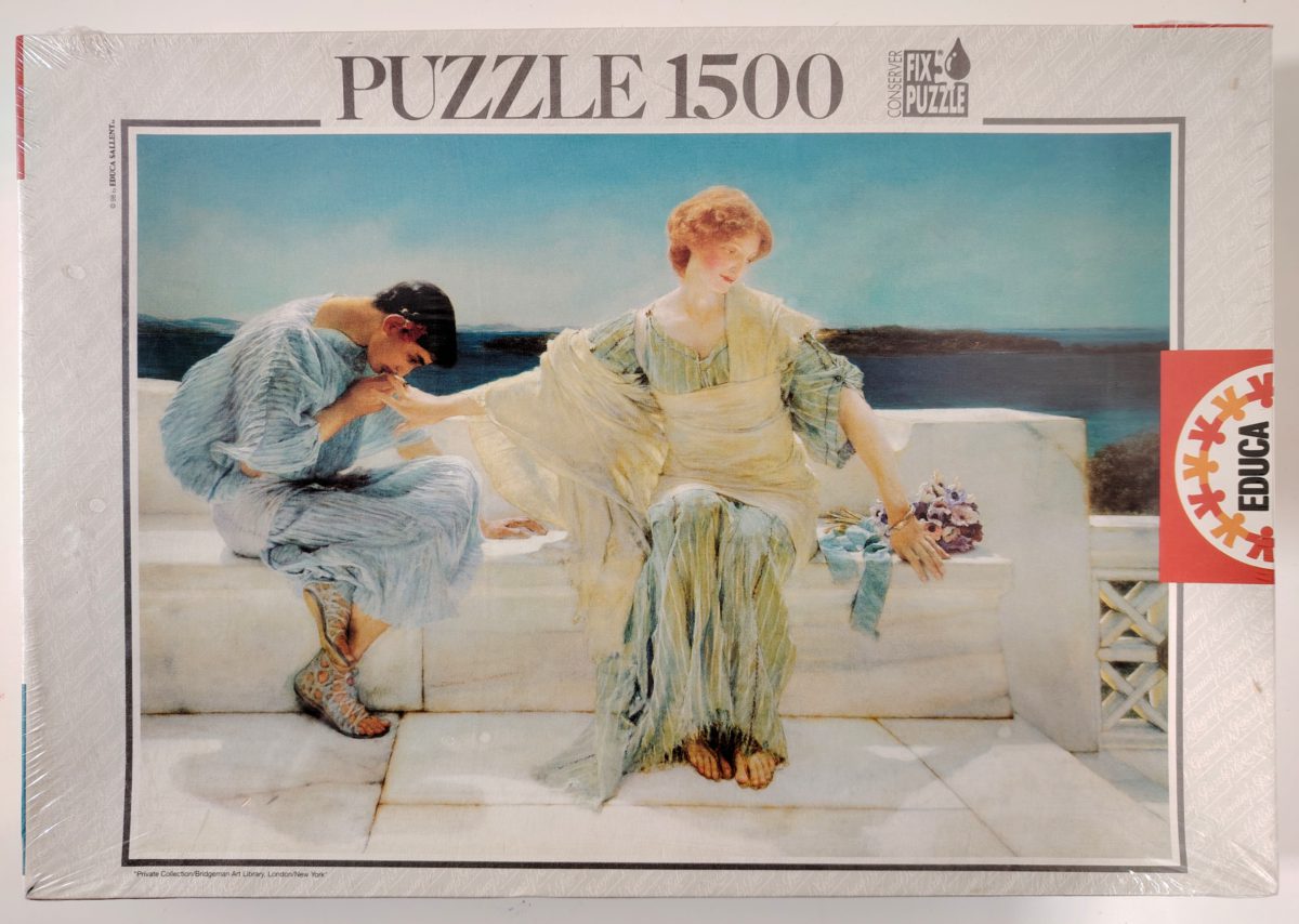 1500, Educa, Ask me no More, Sir Lawrence Alma-Tadema, Factory Sealed, Listed by RarePuzzlesEurope Image of the puzzle 1500, Educa, Ask me no More, Sir Lawrence Alma-Tadema, Picture of the box