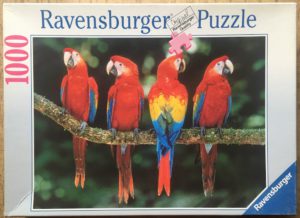Image of the puzzle 1000, Ravensburger, Tropical Parrots, by Frans Lanting, Complete, Picture of the box