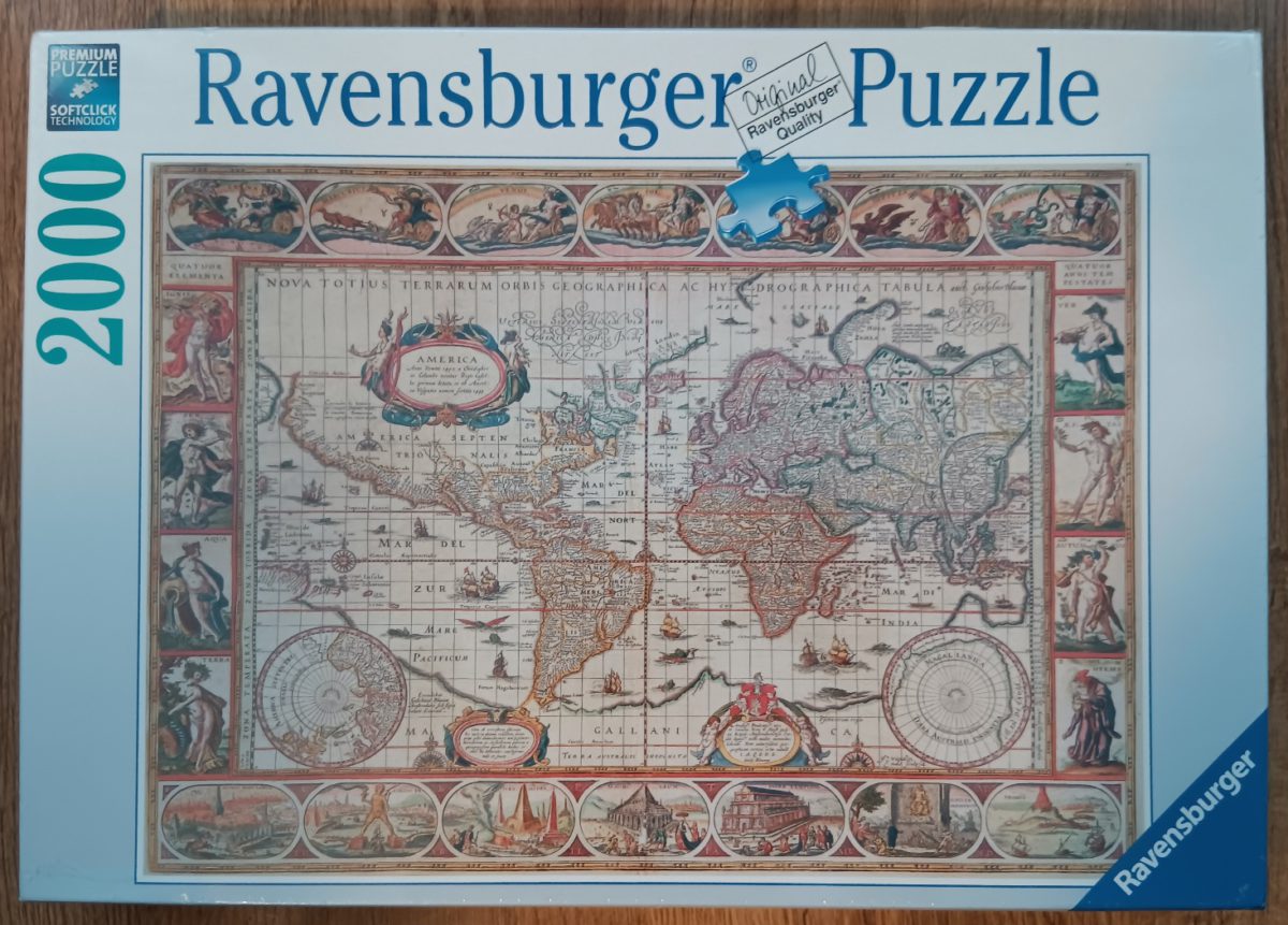 2000, Ravensburger, Map of the World from 1650, by Willem Blaeu, Factory Sealed, Listed by Emilia Image of the puzzle 2000, Ravensburger, Map of the World from 1650, by Willem Blaeu, Factory Sealed, Picture of the box