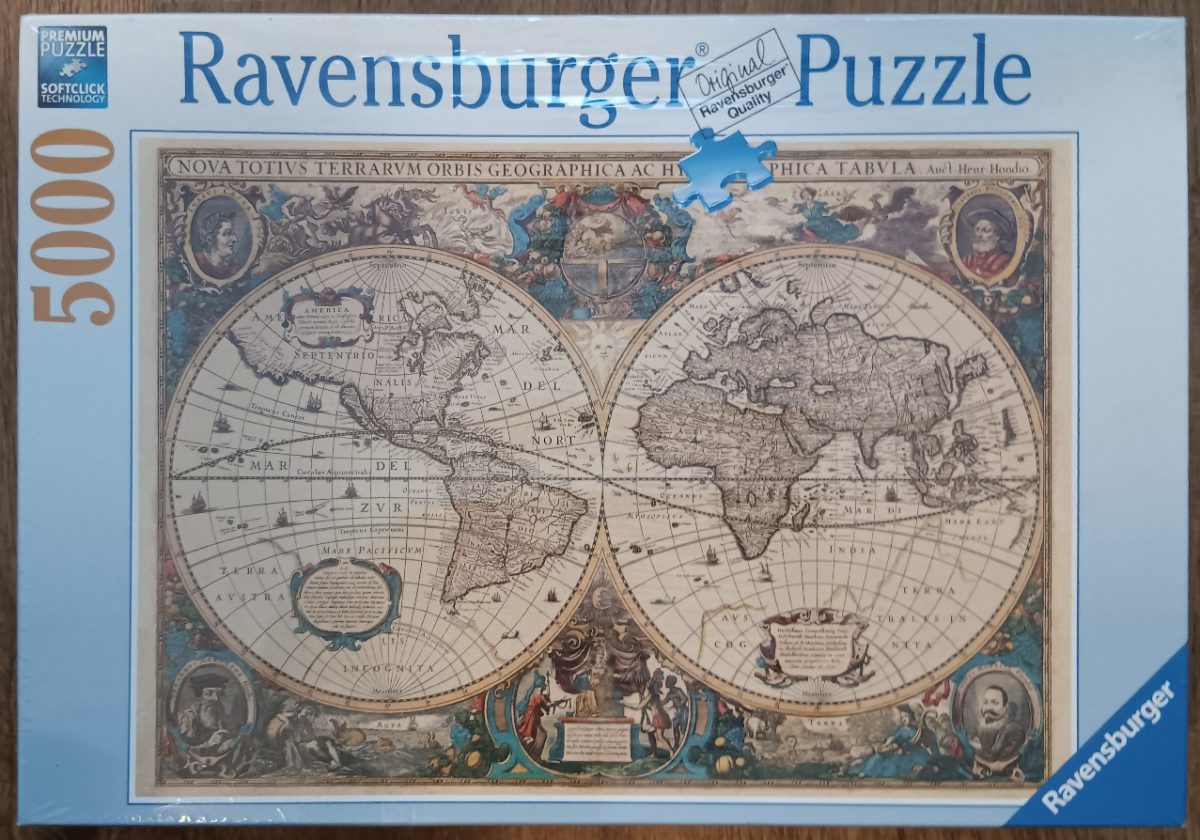5000, Ravensburger, Antique World Map, Henricus Hondius the Younger, Factory Sealed, Listed by Emilia Image of the puzzle 5000, Ravensburger, Antique World Map, Henricus Hondius the Younger, Factory Sealed, Picture of the box