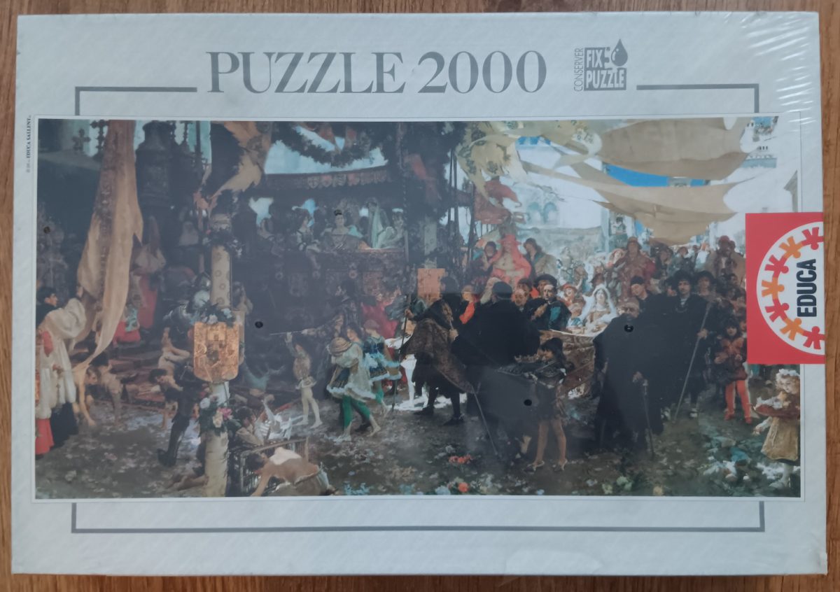 2000, Educa, The Baptismal Procession of Prince Juan in Seville, by Francisco Pradilla, Factory Sealed, Listed by Emilia Image of the puzzle 2000, Educa, The Baptismal Procession of Prince Juan in Seville, by Francisco Pradilla, Factory Sealed, Picture of the box