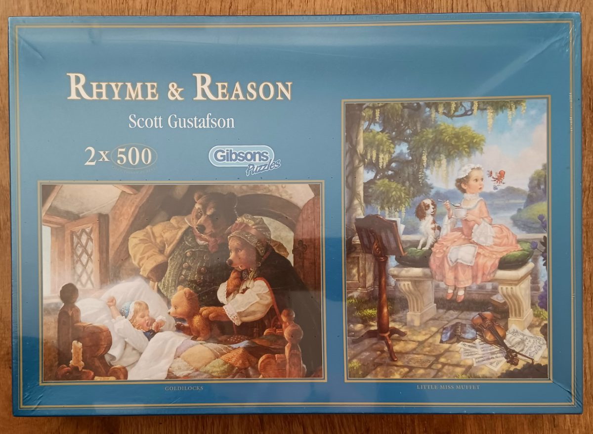 Image of the puzzle 2x500, Gibsons, Rhyme & Reason, Gustafson, Factory Sealed, Picture of the box