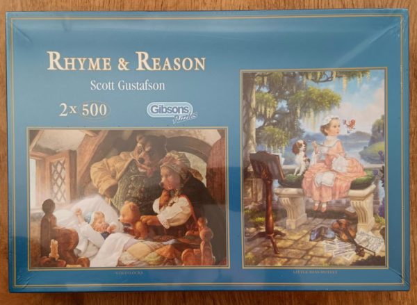 Image of the puzzle 2x500, Gibsons, Rhyme & Reason, Gustafson, Factory Sealed, Picture of the box