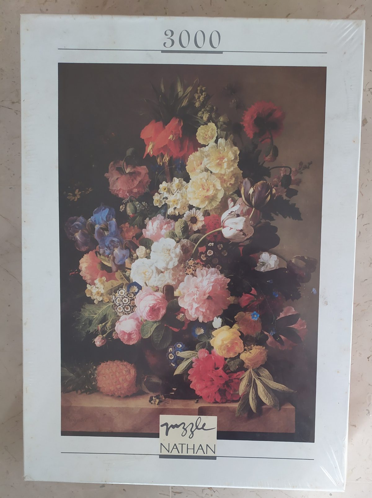 3000, Nathan, Still Life with Flowers and a Pineapple, by Jan Frans van Dael, Factory Sealed, Listed by Barebrain Image of the puzzle 3000, Nathan, Still Life with Flowers and a Pineapple, by Jan Frans van Dael, Factory Sealed, Picture of the box