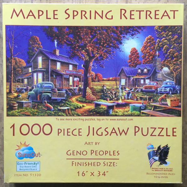 Image of the puzzle 1000, SunsOut, Maple Spring Retreat, by Geno Peoples, Complete, Picture of the box