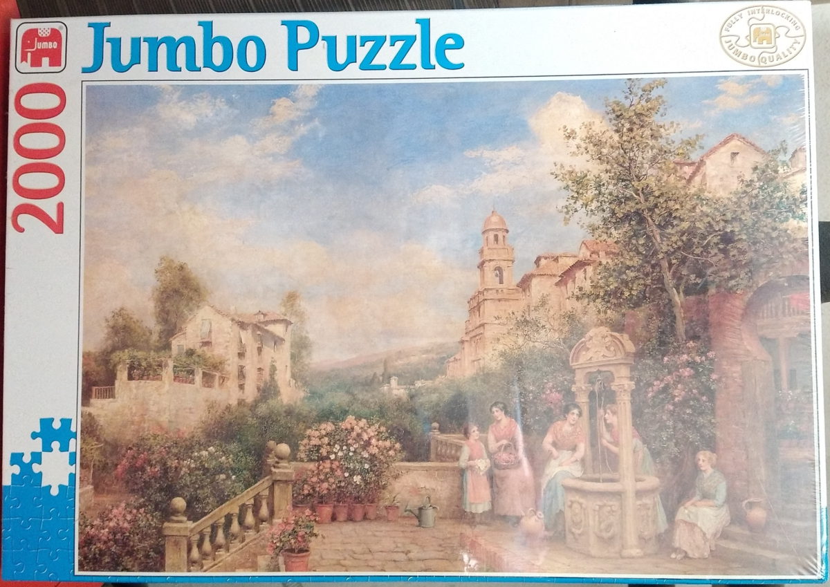 2000, Jumbo, On a Terrace, by Arthur Trevor Haddon, Factory Sealed, Listed by GMath Image of the puzzle 2000, Jumbo, On a Terrace, by Arthur Trevor Haddon, Factory Sealed, Picture of the box
