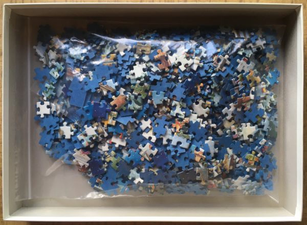 Image of the puzzle 1000, Ravensburger, The Christmas Village, by Roy Trower, Complete, Picture of the bag