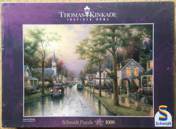 Image of the puzzle 1000, Schmidt, Hometown Morning, by Thomas Kinkade, Factory Sealed, Picture of the box