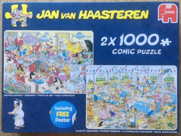 Image of the puzzle 2x1000, Jumbo, Seafood Supper & Clash of the Bakers, by Jan van Haasteren, Complete, Picture of the box