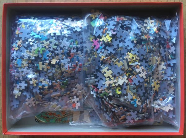 Image of the puzzle 2x1000, Jumbo, Seafood Supper & Clash of the Bakers, by Jan van Haasteren, Complete, Picture of the bag
