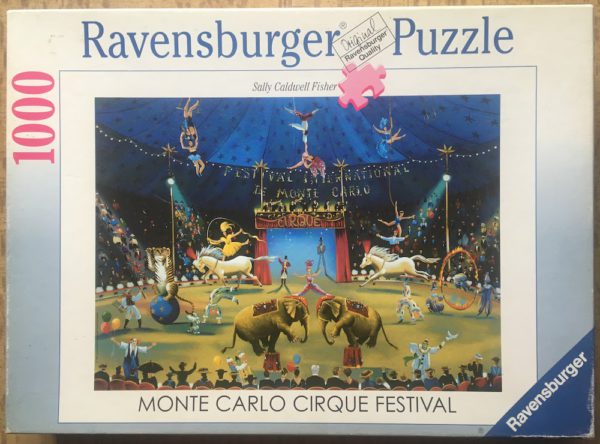Image of the puzzle 1000, Ravensburger, Monte Carlo Circus, by Sally Caldwell Fischer, Complete, Picture of the box