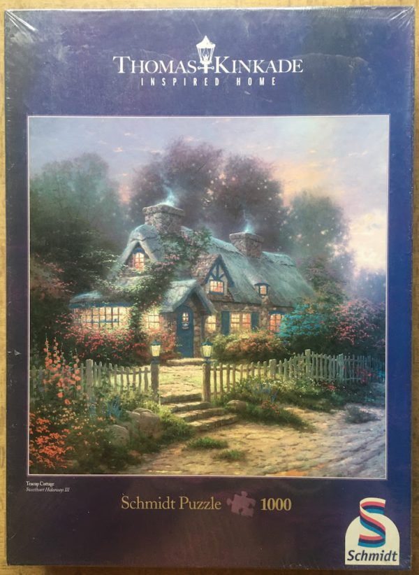 Image of the puzzle 1000, Schmidt, Teacup Cottage, Thomas Kinkade, Factory Sealed, Picture of the box