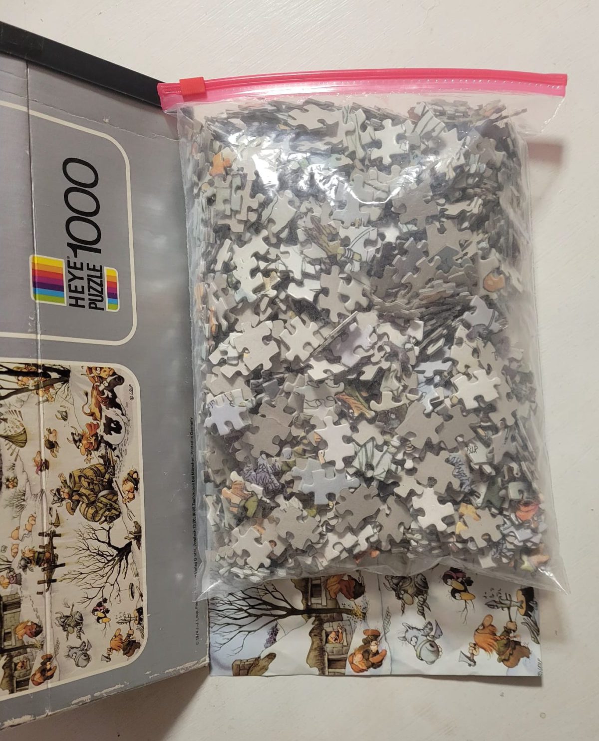 1000, Heye, Wintertime, Jean-Jacques Loup, Complete, Listed by Vanesa Image of the puzzle 1000, Heye, Wintertime, Jean-Jacques Loup, Complete, Picture of the bag