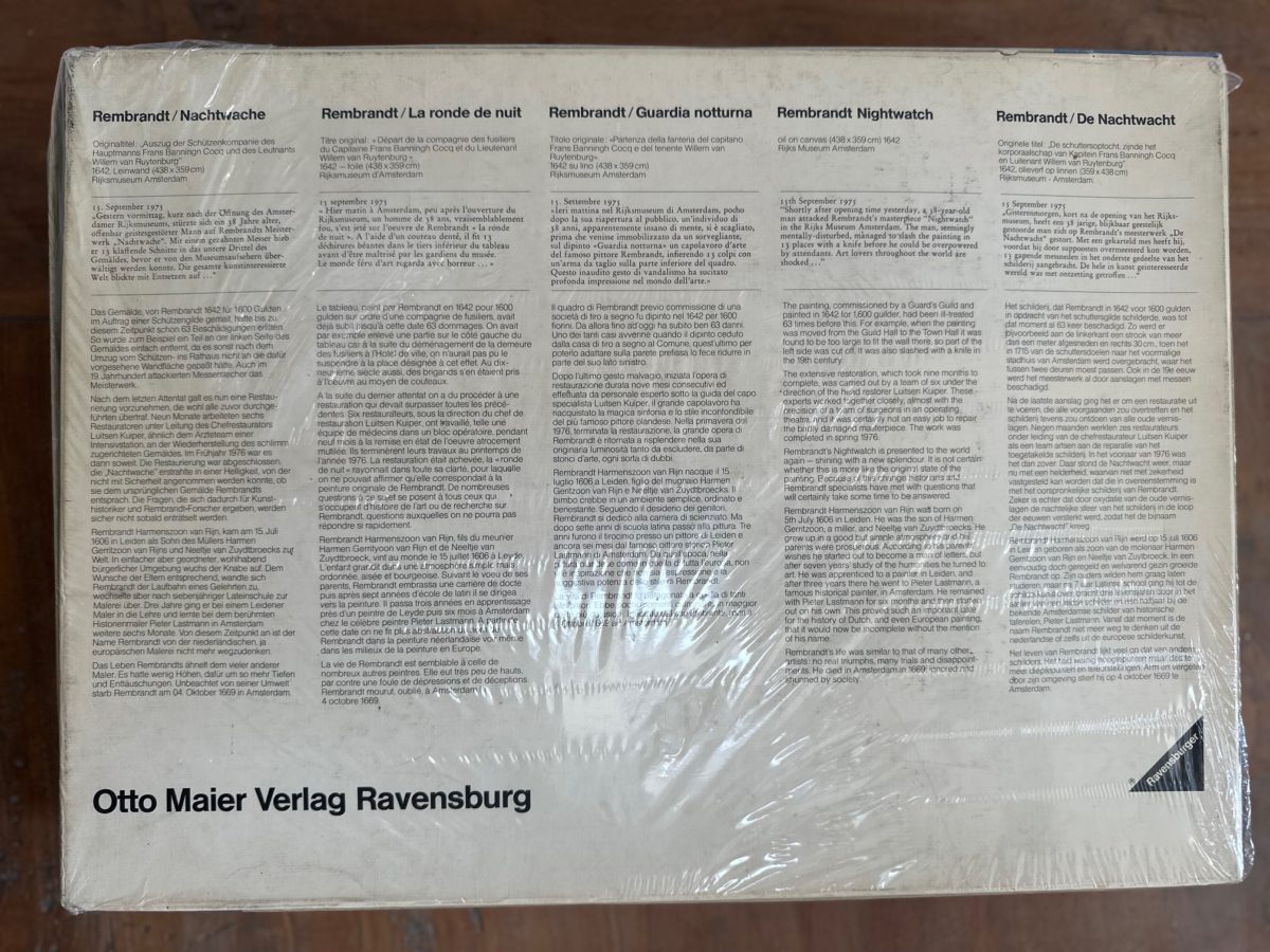 Image of the puzzle 5000, Ravensburger, The Night Watch, by Rembrandt, Factory Sealed, Picture of the Back of the Box