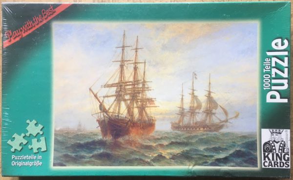 Image of the puzzle 1000, King Cards, A Frigate Outward Bound Off Shoeburyness, by Claude Thomas Stanfield Moore, Factory Sealed, Picture of the box
