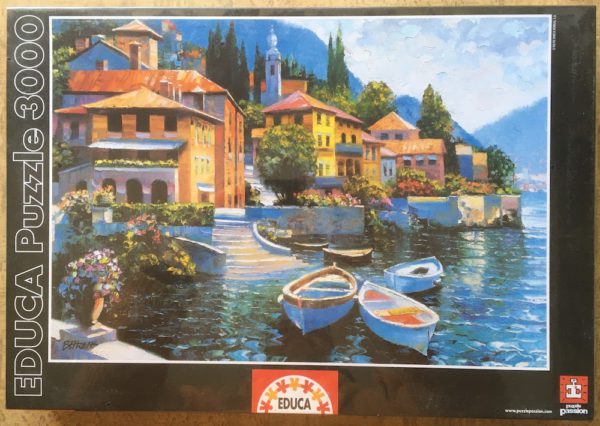 Image of the puzzle 3000, Educa, Lake Como Landing, by Howard Behrens, Factory Sealed, Picture of the box