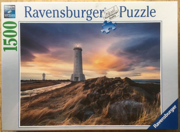 Image of the puzzle 1500, Ravensburger, Windswept Skies, Akranes Lighthouse, Iceland, by Stefan Hefele, Factory Sealed, Picture of the box