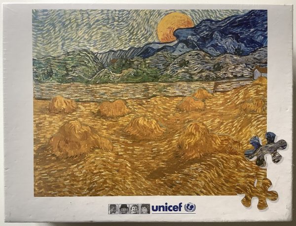 Image of the puzzle 1436-0.7-1000, Unicef, Evening Landscape with Haycocks and Rising Moon, Saint-Rémy, by Vincent van Gogh, Factory Sealed, Picture of the box