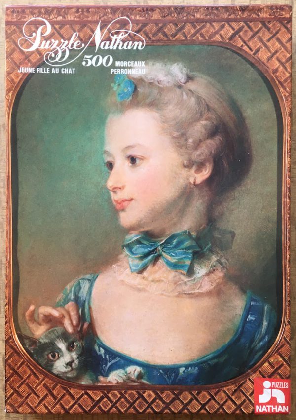 Image of the puzzle 500, Nathan, Little Girl with Cat, by Jean-Baptiste Perronneau, Complete, Picture of the box
