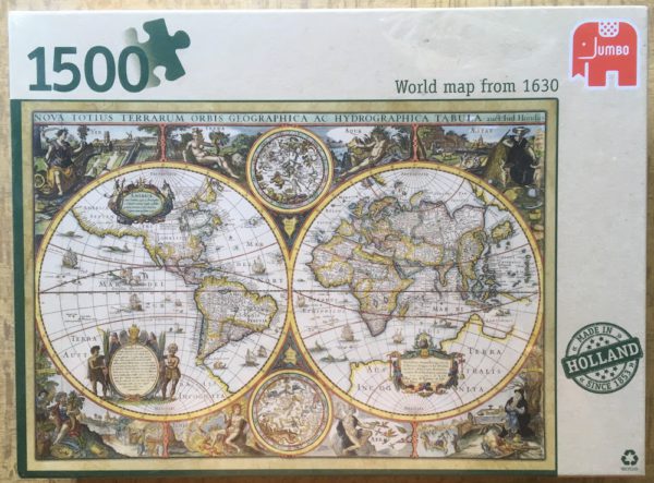 Image of the puzzle 1500, Jumbo, World Map from 1630, by Jodocus Hondius, Factory Sealed, Picture of the box