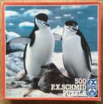 Image of the puzzle 500, F.X. Schmid, Penguins, by Tony Stone, Incomplete, Picture of the box