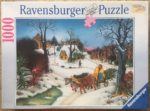 Image of the puzzle 1000, Ravensburger, Cows Transporting Wood, by Ivan Večenaj, Complete, Picture of the box