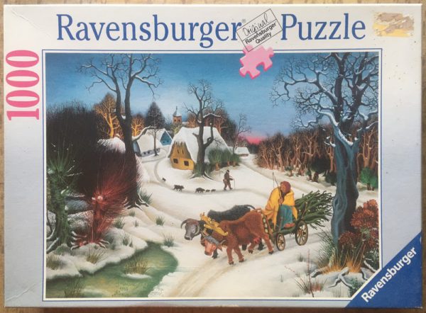 Image of the puzzle 1000, Ravensburger, Cows Transporting Wood, by Ivan Večenaj, Complete, Picture of the box
