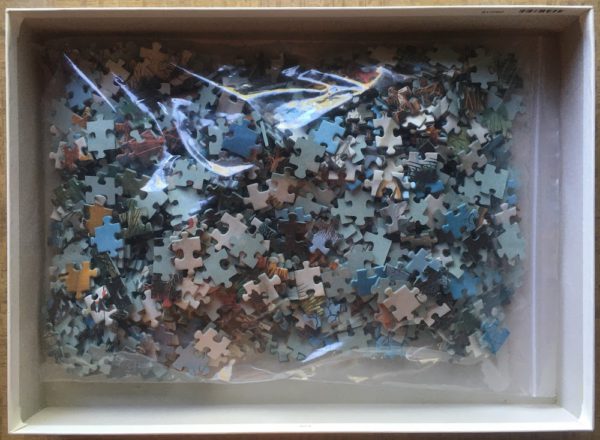 Image of the puzzle 1000, Ravensburger, Cows Transporting Wood, by Ivan Večenaj, Complete, Picture of the bag