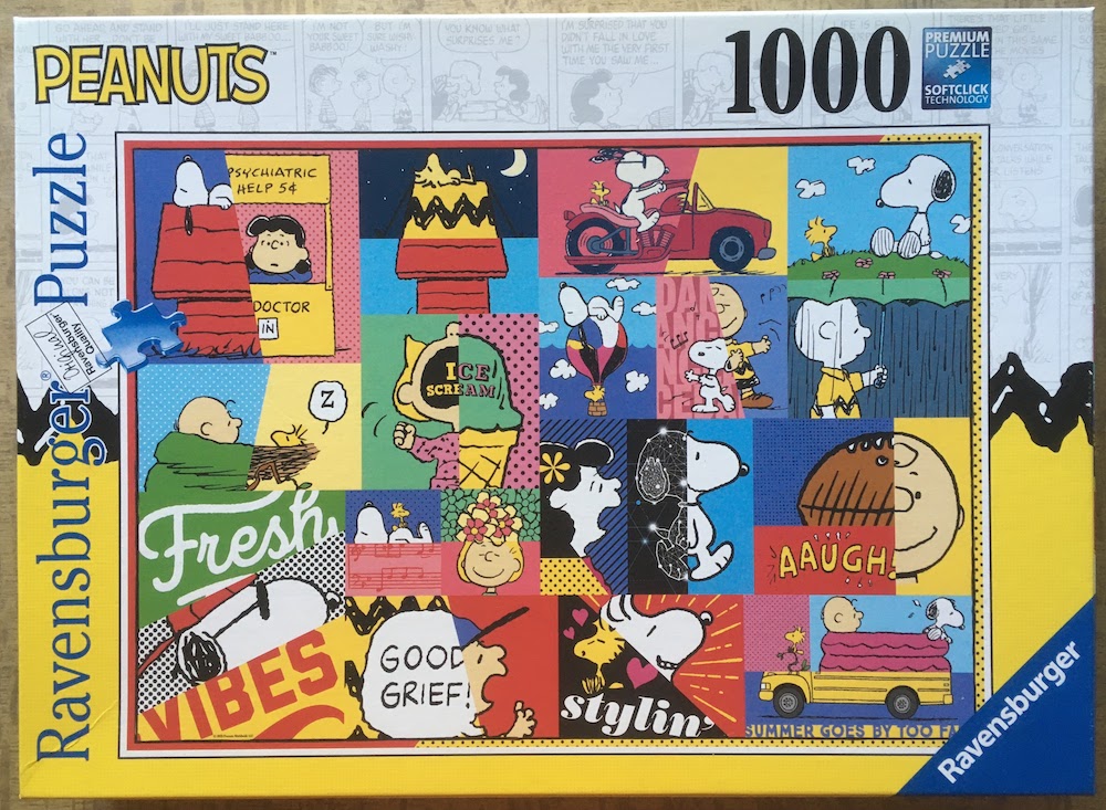 1000, Ravensburger, Peanuts Moments, by Charles Schulz, Complete, 2025-08-12 Image of the puzzle 1000, Ravensburger, Peanuts Moments, by Charles Schulz, Complete, Picture of the box