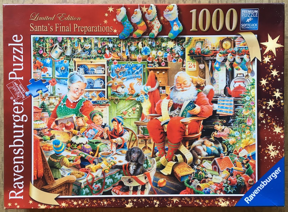 1000, Ravensburger, Santa's Final Preparations, by Roy Trower, Complete, 2025-08-28 Image of the puzzle 1000, Ravensburger, Santa's Final Preparations, by Roy Trower, Complete, Picture of the box