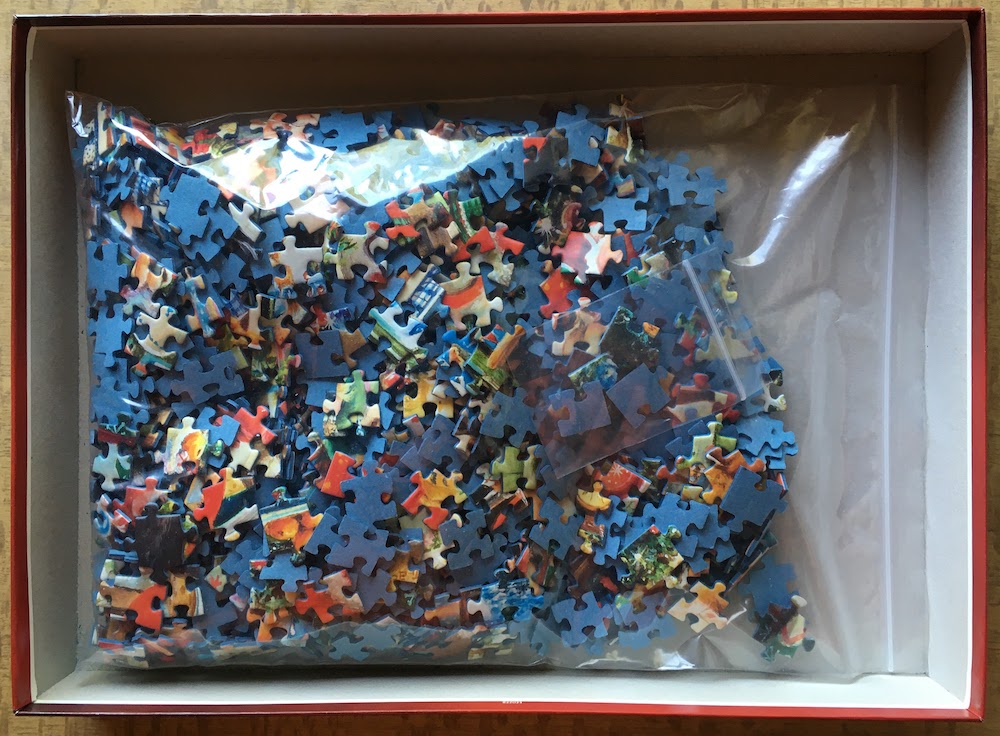 1000, Ravensburger, Santa's Final Preparations, by Roy Trower, Complete, 2025-08-28 Image of the puzzle 1000, Ravensburger, Santa's Final Preparations, by Roy Trower, Complete, Picture of the bag