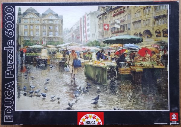 Image of the puzzle 6000, Educa, Produce Market, Basel, by Clark Hulings, Complete, Picture of the box
