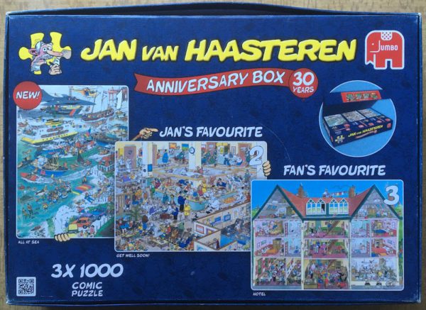 Image of the puzzle 3x1000, Jumbo, All at Sea & Get Well Soon! & Hotel, by Jan van Haasteren, Complete, Picture of the box