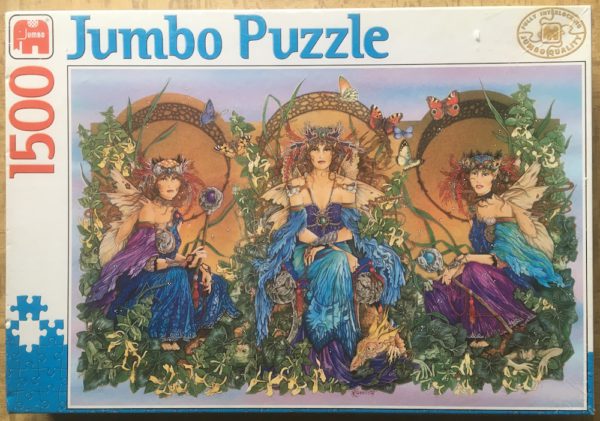 Image of the puzzle 1500, Jumbo, Three Fairies, by Linda Ravenscroft, Factory Sealed, Picture of the box