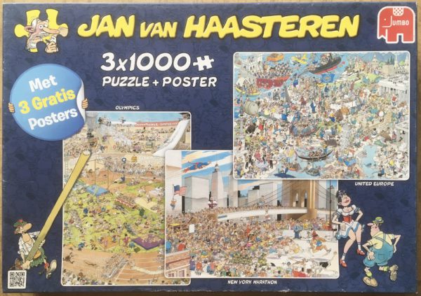 Image of the puzzle 3x1000, Jumbo, Olympics & New York Marathon & United Europe, by Jan van Haasteren, Complete, Picture of the box