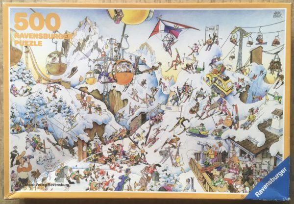 Image of the puzzle 500, Ravensburger, Winter Fun, by Werner Nydegger, Complete, Picture of the box