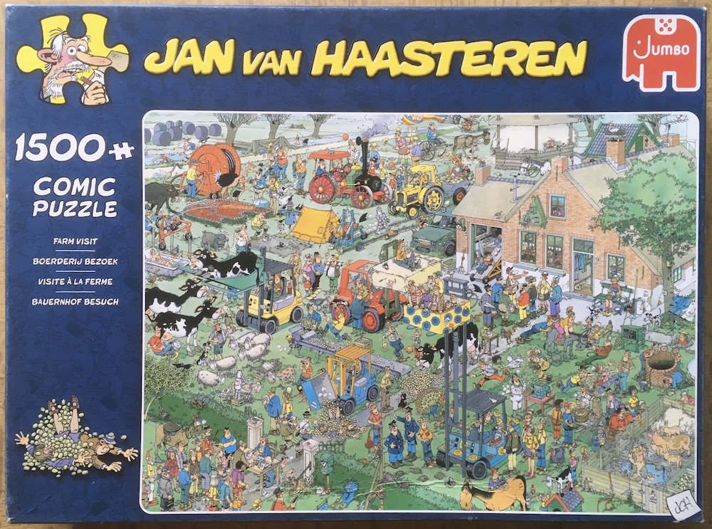 1500, Jumbo, Farm Visit, Jan van Haasteren, Complete, 2025-10-13 Image of the puzzle 1500, Jumbo, Farm Visit, Jan van Haasteren, Complete, Picture of the box