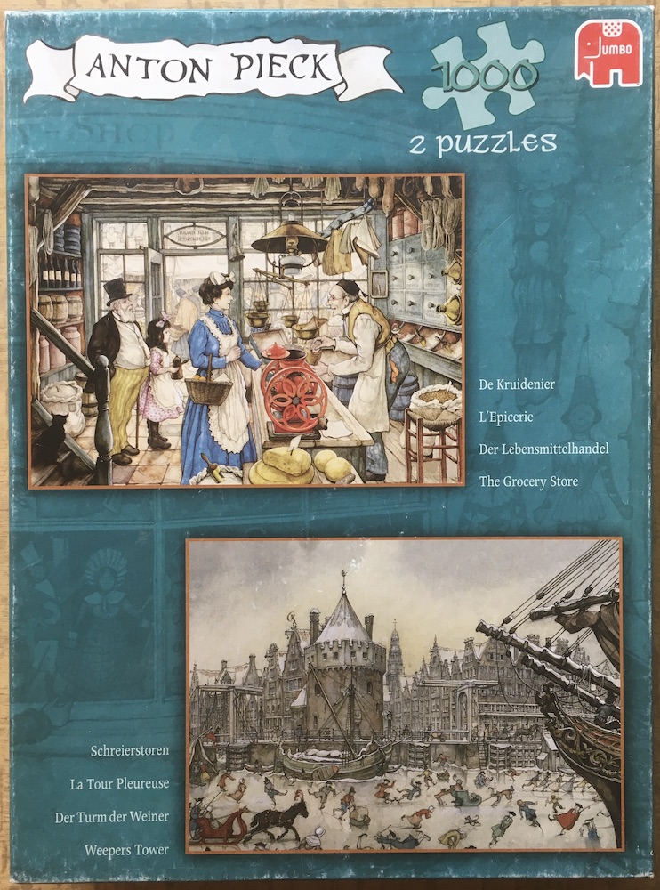 1000x2, Jumbo, The Grocery Store & Weepers Tower, by Anton Pieck, Complete, 2025-10-17 Image of the puzzle 1000x2, Jumbo, The Grocery Store & Weepers Tower, by Anton Pieck, Complete, Picture of the box