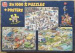 Image of the puzzle 3x1000, Jumbo, Ice Hockey & In the Car Respraying Shop & Camping Chaos, by Jan van Haasteren, Complete, Picture of the box