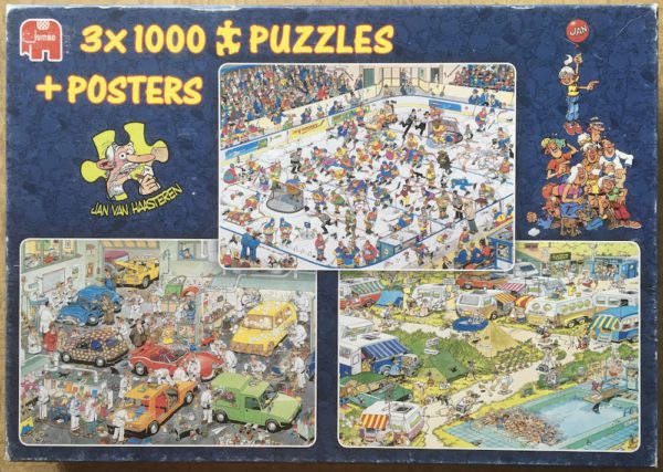 Image of the puzzle 3x1000, Jumbo, Ice Hockey & In the Car Respraying Shop & Camping Chaos, by Jan van Haasteren, Complete, Picture of the box