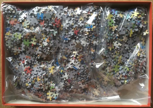 Image of the puzzle 3x1000, Jumbo, Ice Hockey & In the Car Respraying Shop & Camping Chaos, by Jan van Haasteren, Complete, Picture of the bag