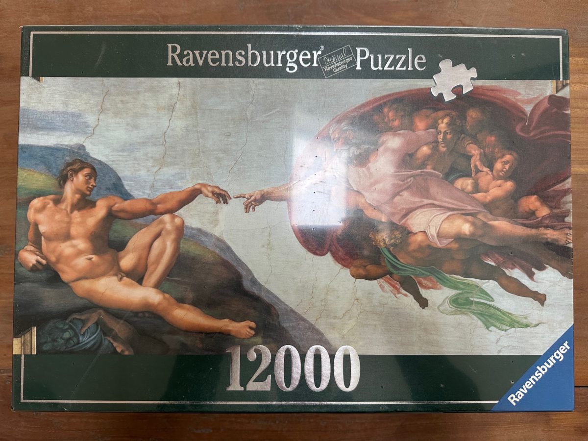 12000, Ravensburger, The Creation of Adam, by Michelangelo, Factory Sealed, Listed by Davey Image of the puzzle 12000, Ravensburger, The Creation of Adam, by Michelangelo, Factory Sealed, Picture of the box