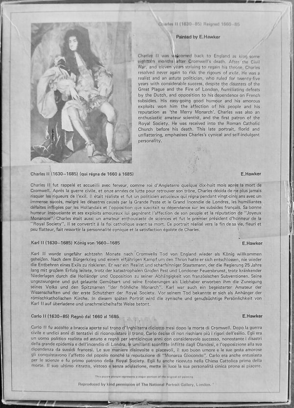 Image of the puzzle 750, Falcon, Charles II, by Hawker, Complete, Picture of the Back of the Box